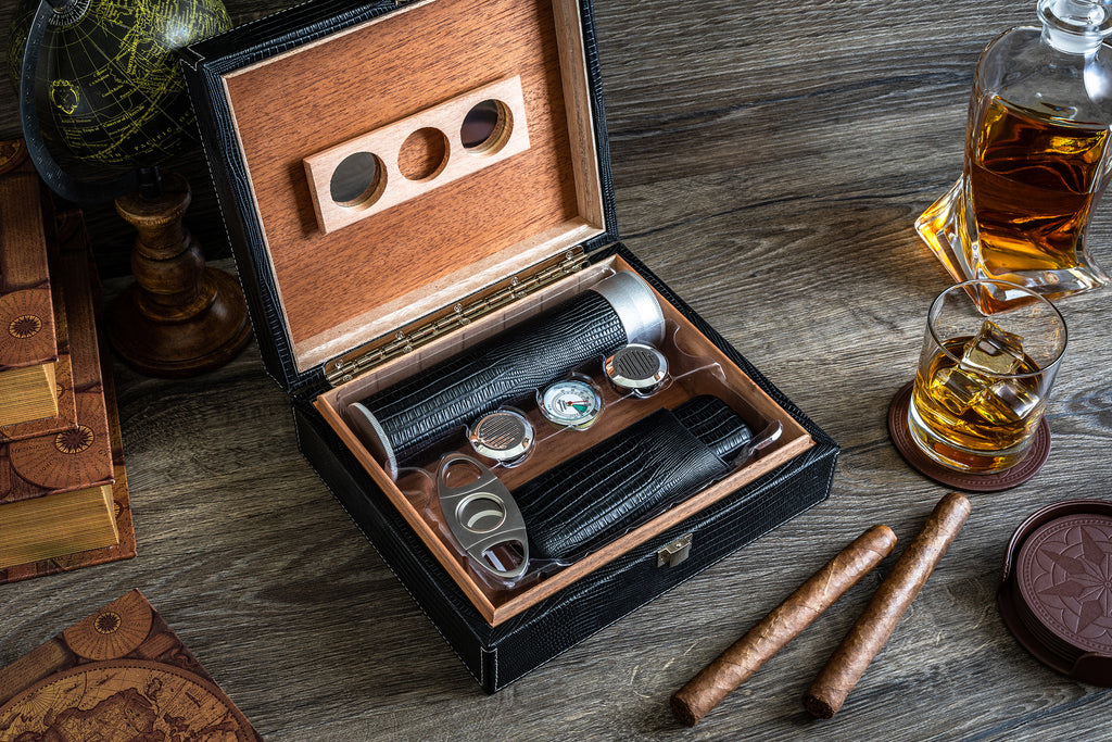 Personalized leather humidor box gift set with matching accessories