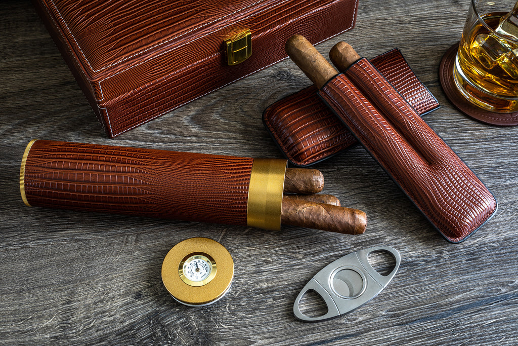 Personalized leather humidor box gift set with matching accessories