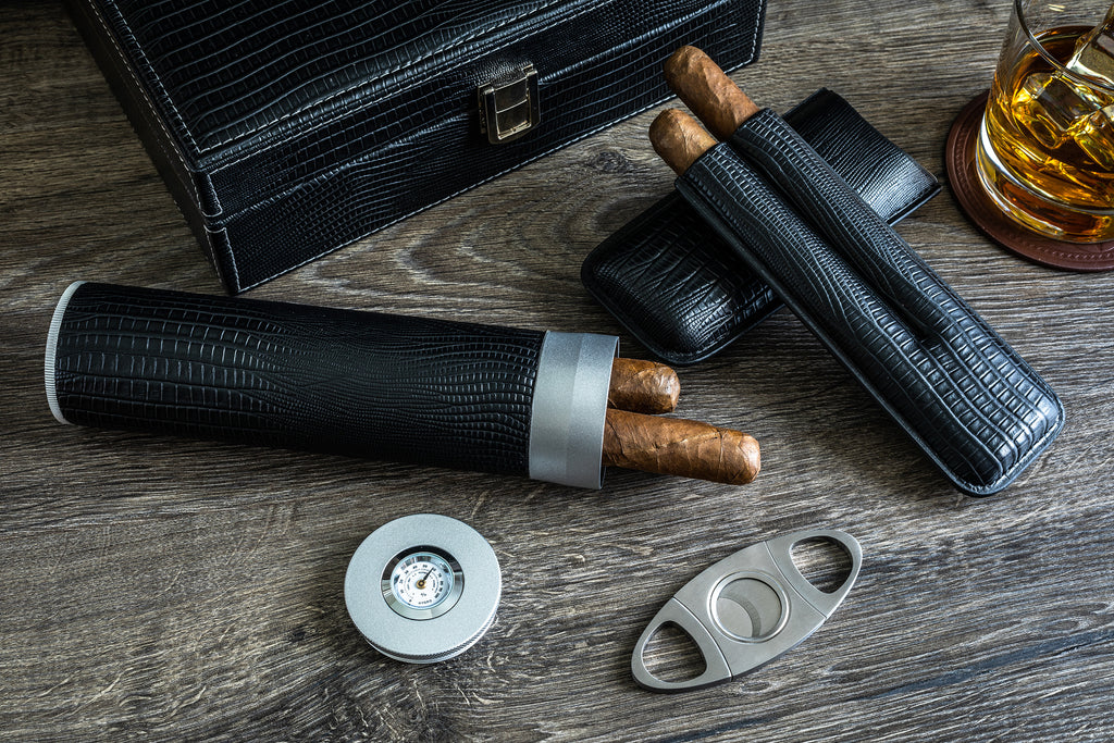 Personalized leather humidor box gift set with matching accessories