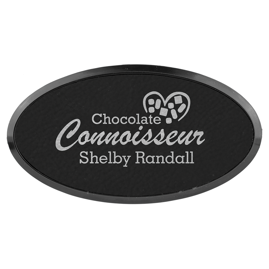 Black & Silver Leatherette Oval Name Badge with Plastic Frame
