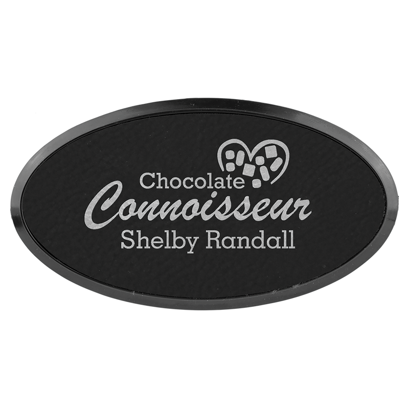 Black & Silver Leatherette Oval Name Badge with Plastic Frame