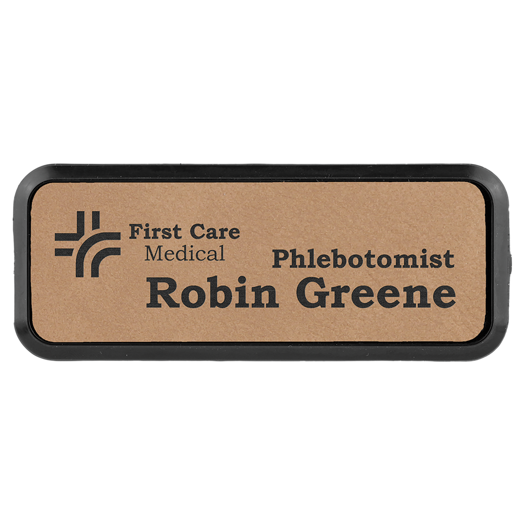 Light Brown Leatherette Round Corner Name Badge with Plastic Frame