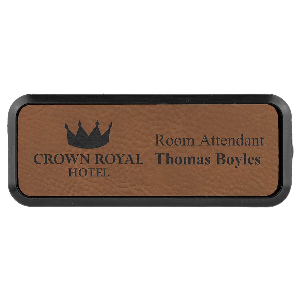 Dark Brown Leatherette Round Corner Name Badge with Plastic Frame