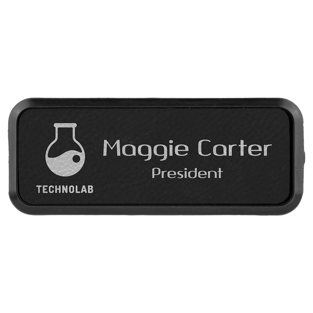 Black & Silver Leatherette Round Corner Name Badge with Plastic Frame