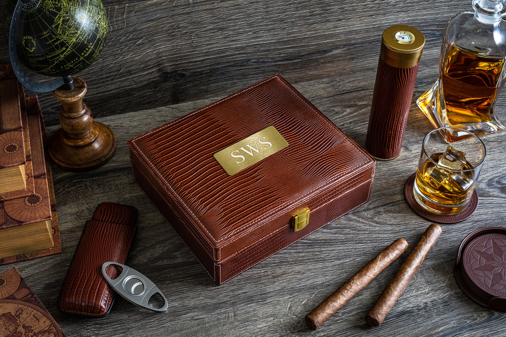 Personalized leather humidor box gift set with matching accessories