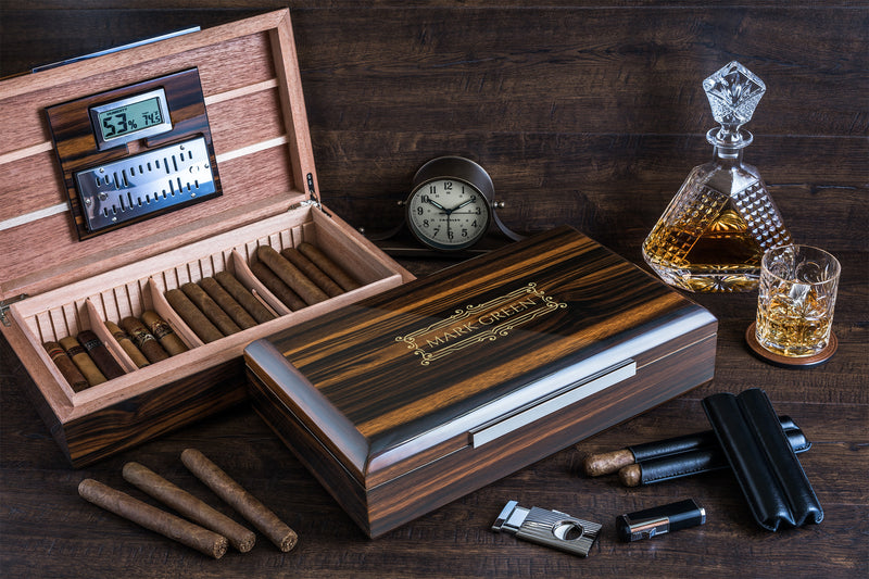 Impressive Cigar Humidor Box with Accessories, High Quality Lacquer Ebony Finish