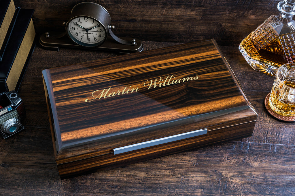 Impressive Cigar Humidor Box with Accessories, High Quality Lacquer Ebony Finish