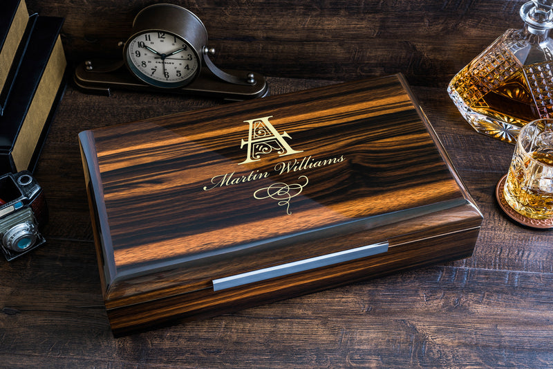Impressive Cigar Humidor Box with Accessories, High Quality Lacquer Ebony Finish