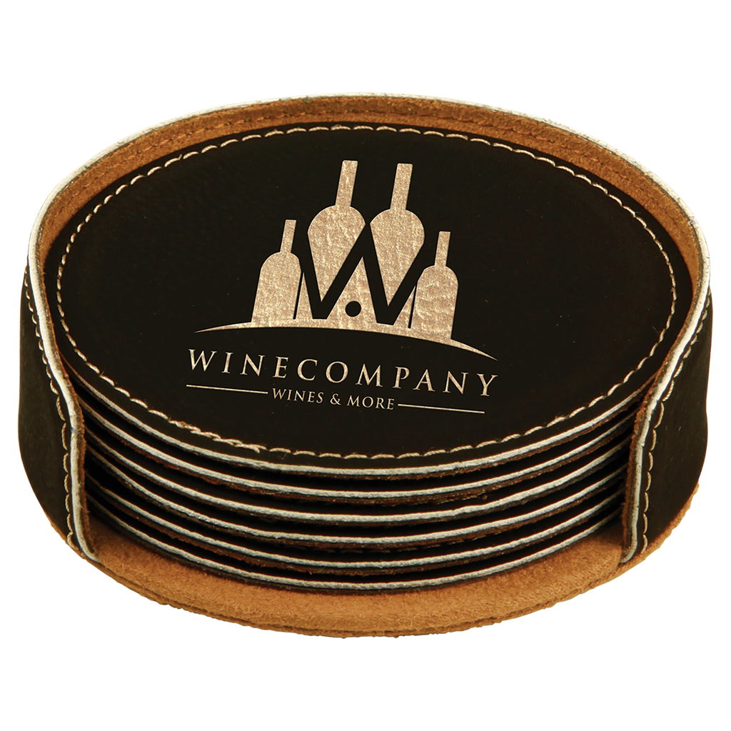 Black & Gold Leatherette Round 6-Coaster Set