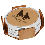 Light Brown Leatherette Round 4-Coaster Set with Silver Edge