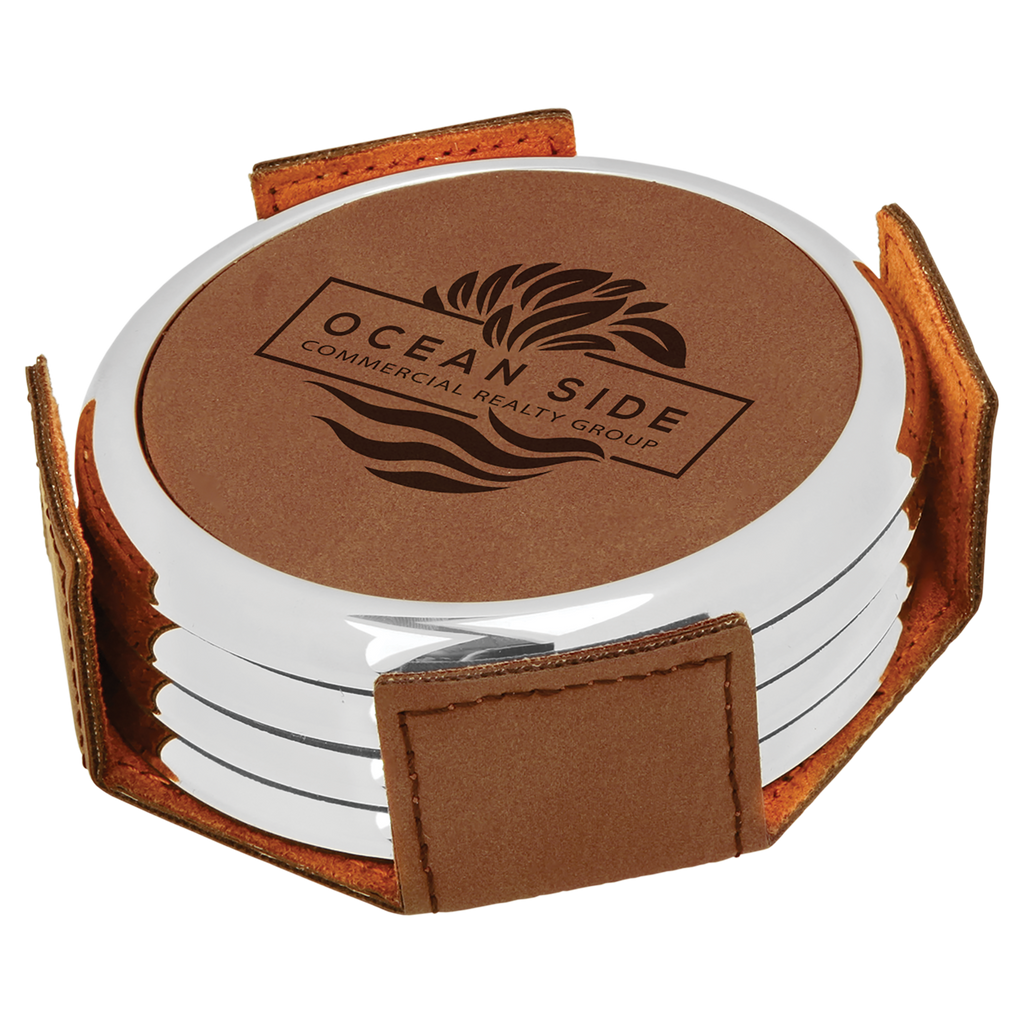 Dark Brown Leatherette Round 4-Coaster Set with Silver Edge