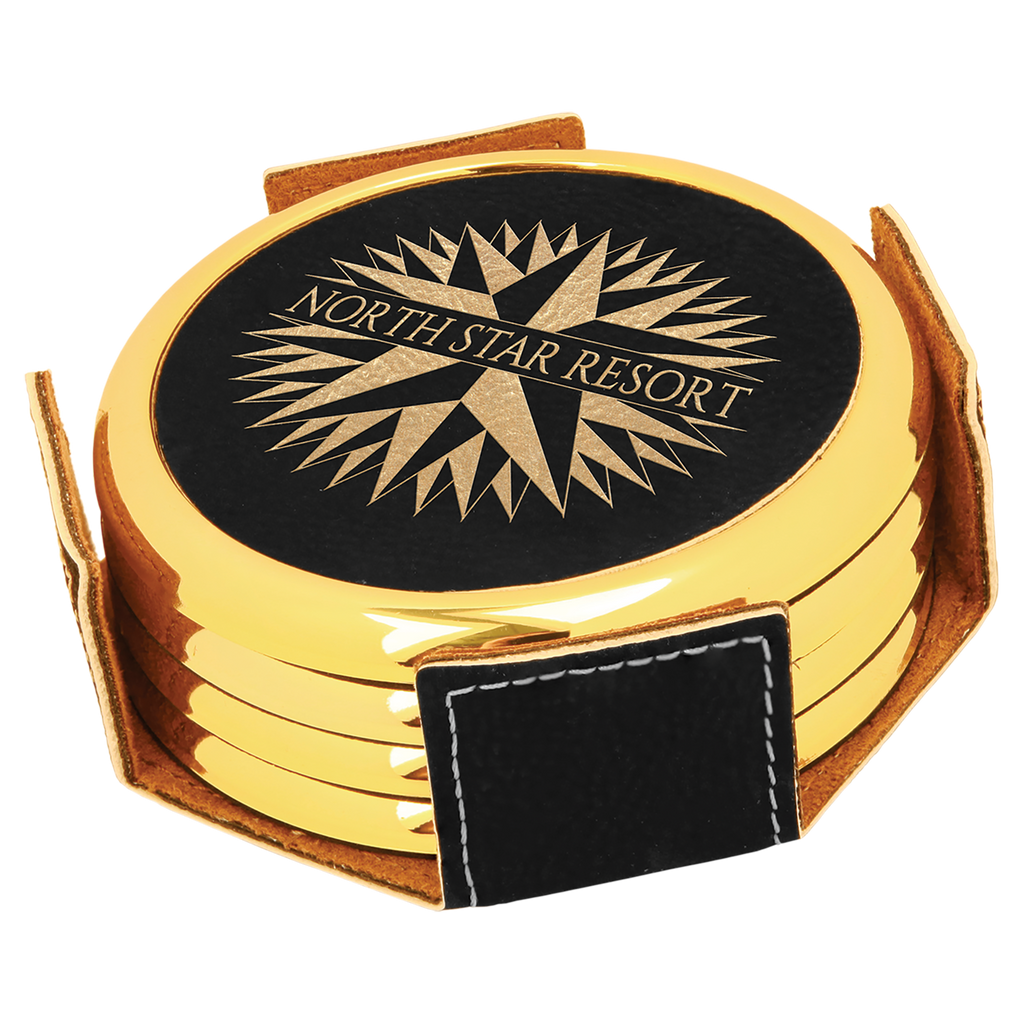 Black & Gold Leatherette Round 4-Coaster Set with Silver Edge