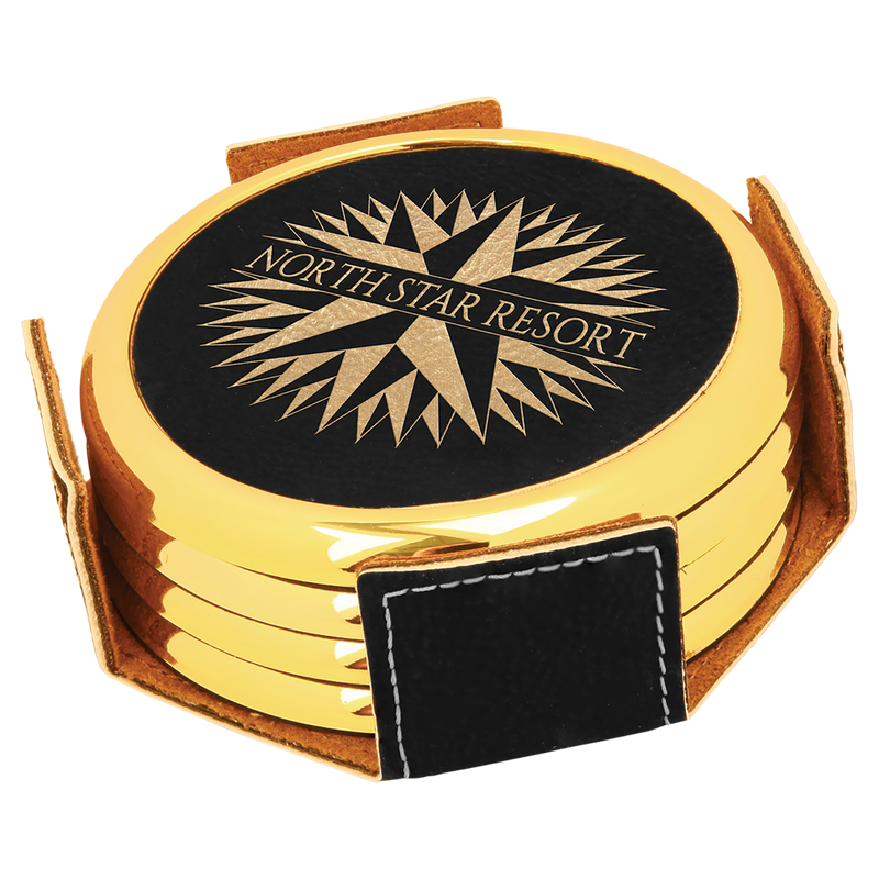 Black & Gold Leatherette Round 4-Coaster Set with Silver Edge
