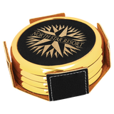 Black & Gold Leatherette Round 4-Coaster Set with Silver Edge