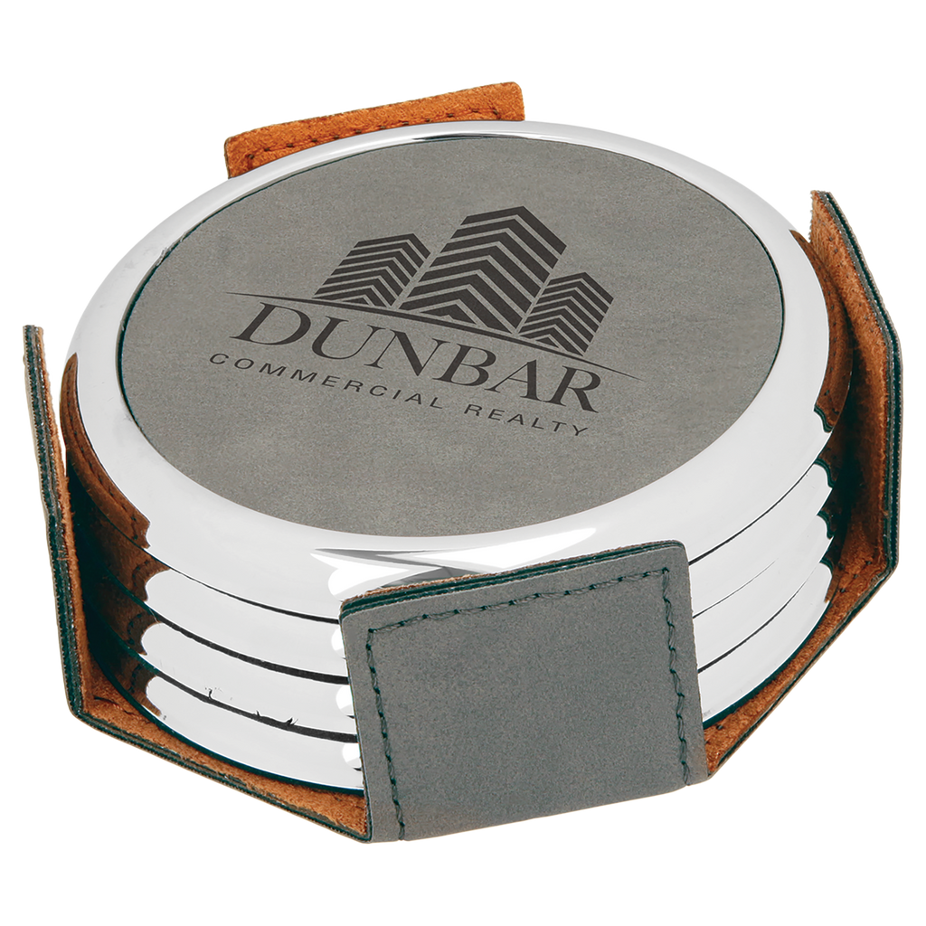 Gray Leatherette Round 4-Coaster Set with Silver Edge