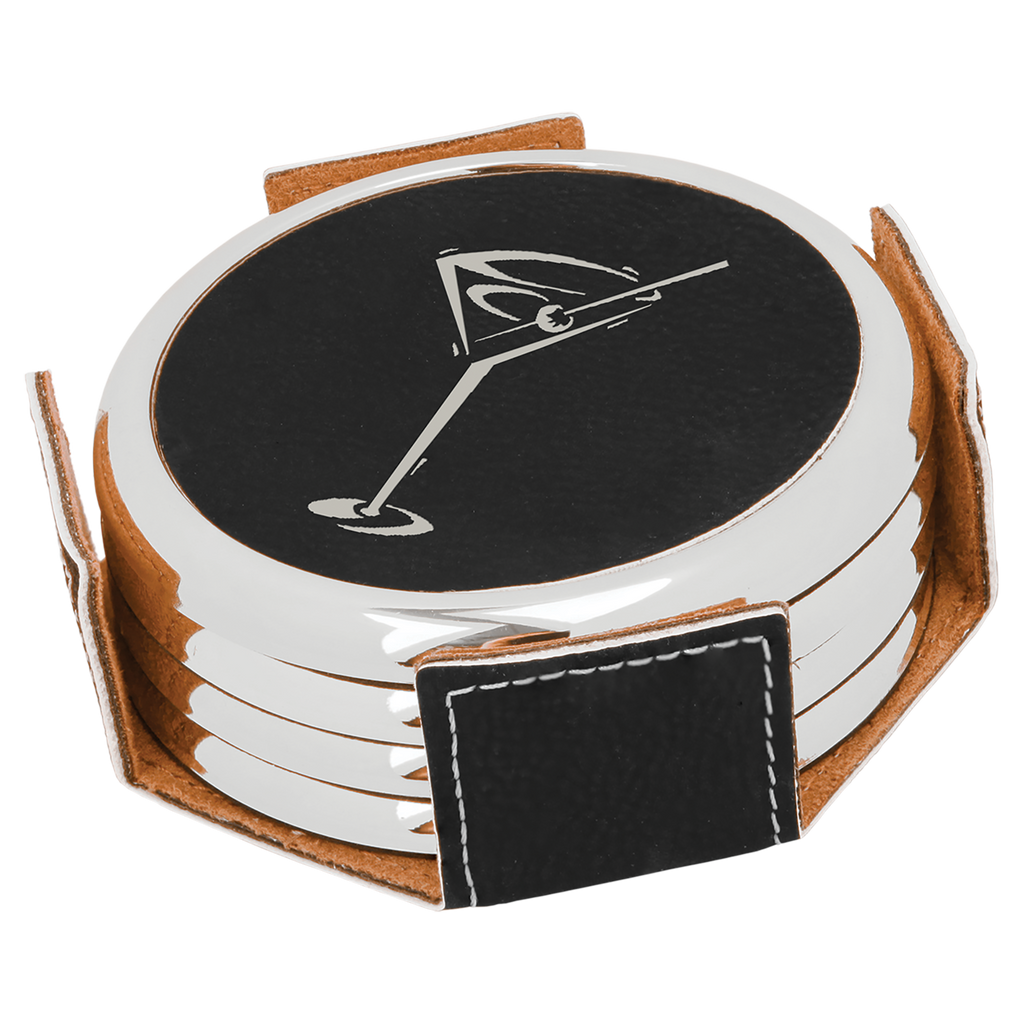 Black & Silver Leatherette Round 4-Coaster Set with Silver Edge