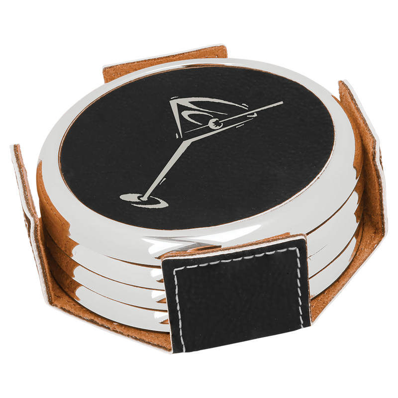 Black & Silver Leatherette Round 4-Coaster Set with Silver Edge