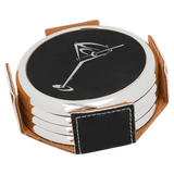 Black & Silver Leatherette Round 4-Coaster Set with Silver Edge
