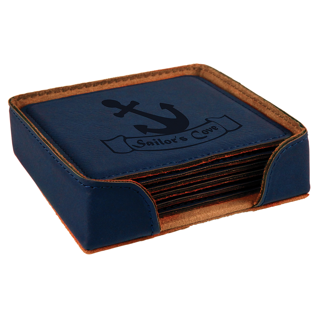 Blue Leatherette Square 6-Coaster Set