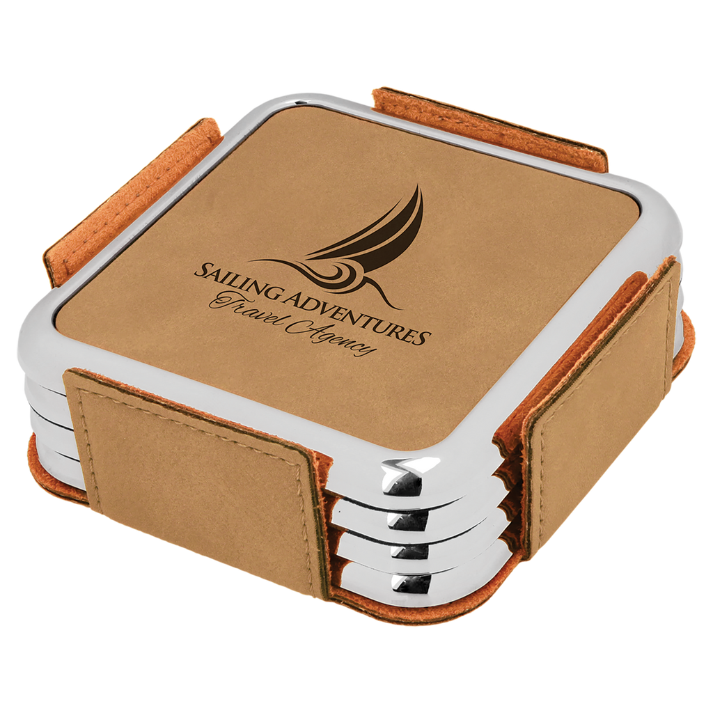Light Brown Leatherette Square 4-Coaster Set with Silver Edge