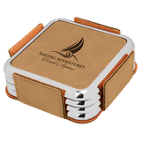 Light Brown Leatherette Square 4-Coaster Set with Silver Edge