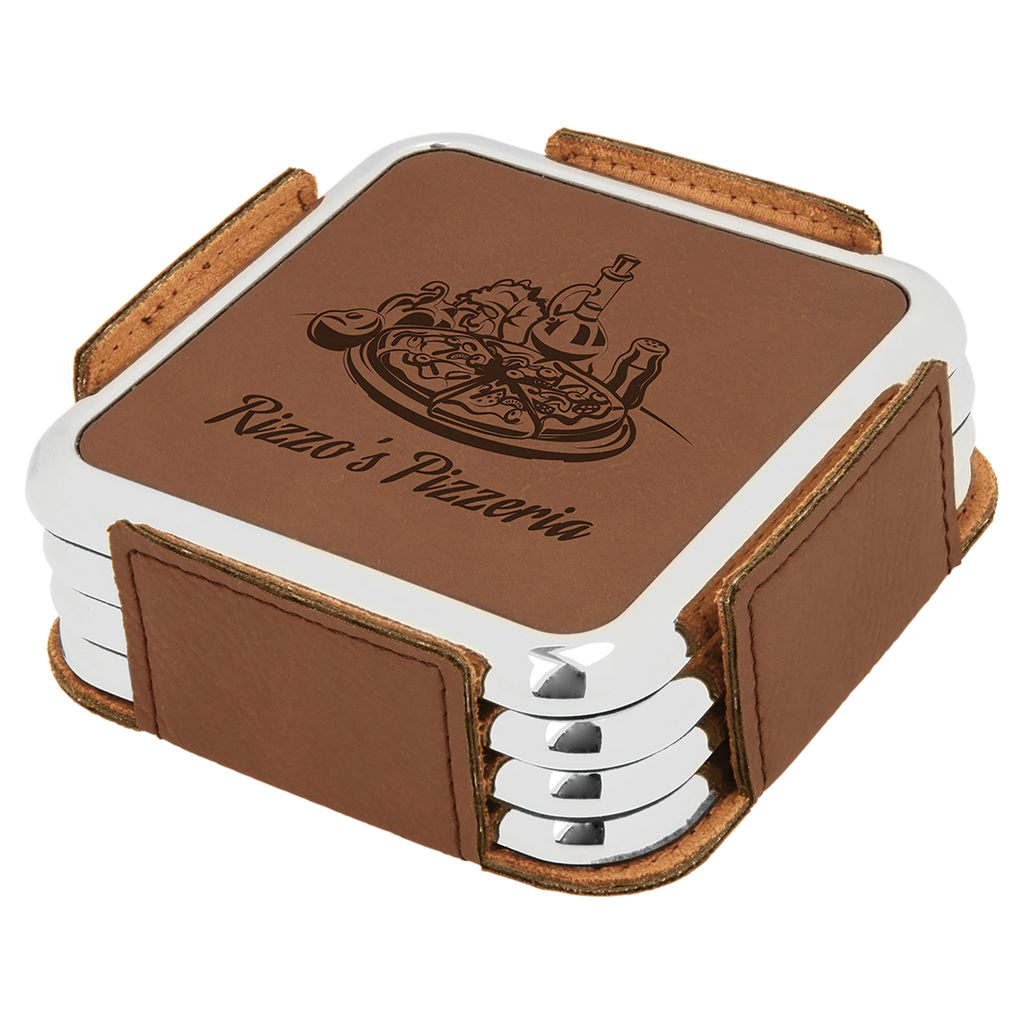 Dark Brown Leatherette Square 4-Coaster Set with Silver Edge