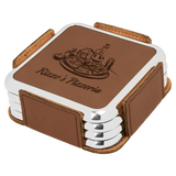 Dark Brown Leatherette Square 4-Coaster Set with Silver Edge