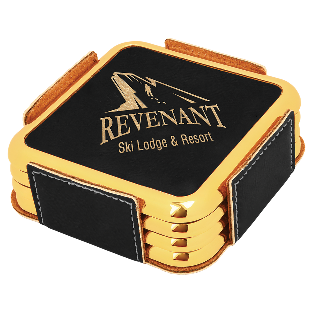 Black & Gold Leatherette Square 4-Coaster Set with Silver Edge
