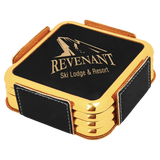 Black & Gold Leatherette Square 4-Coaster Set with Silver Edge