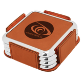 Rawhiden Leatherette Square 4-Coaster Set with Silver Edge