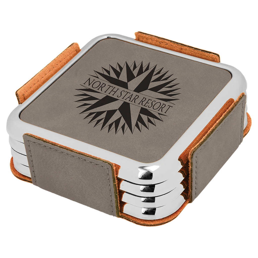 Gray Leatherette Square 4-Coaster Set with Silver Edge