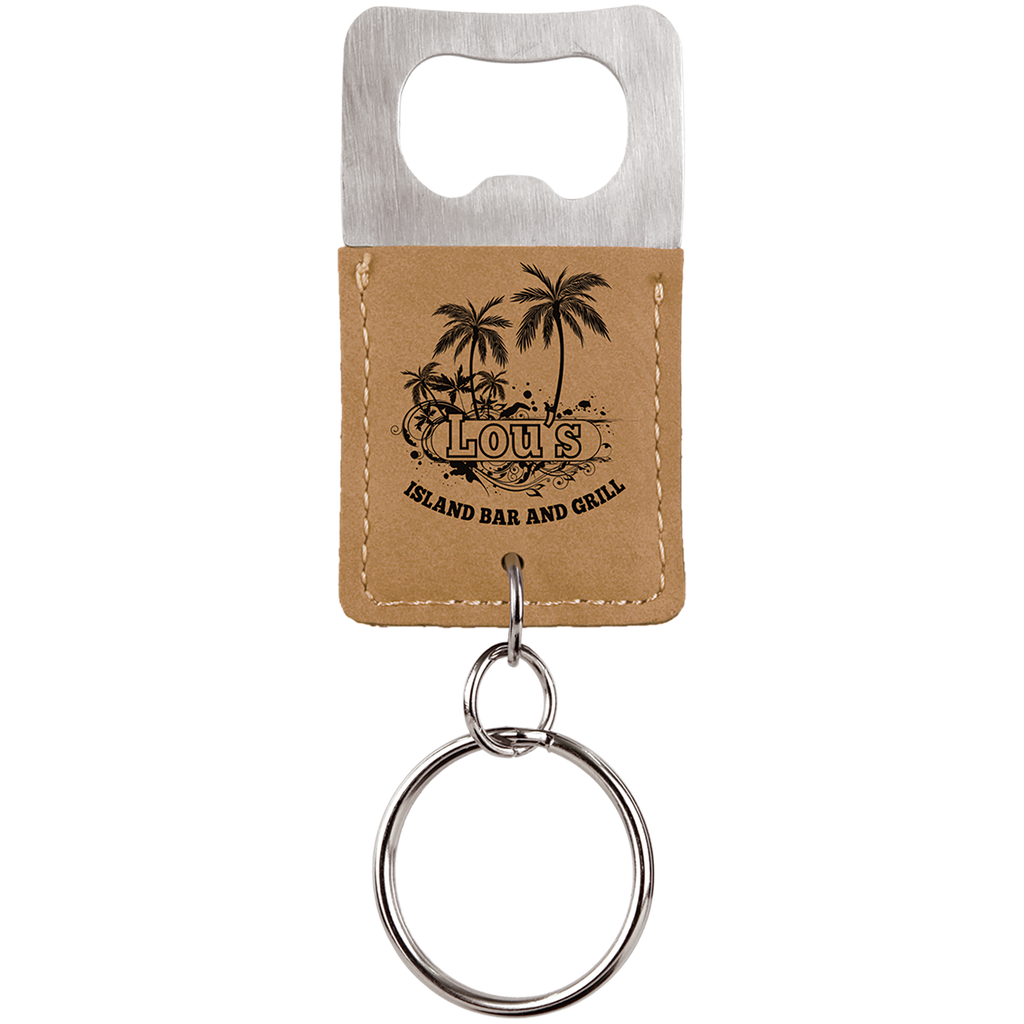 Light Brown Leatherette Rectangle Bottle Opener Keychain