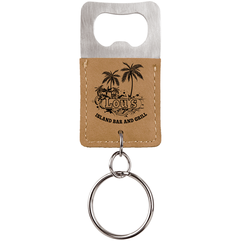 Light Brown Leatherette Rectangle Bottle Opener Keychain