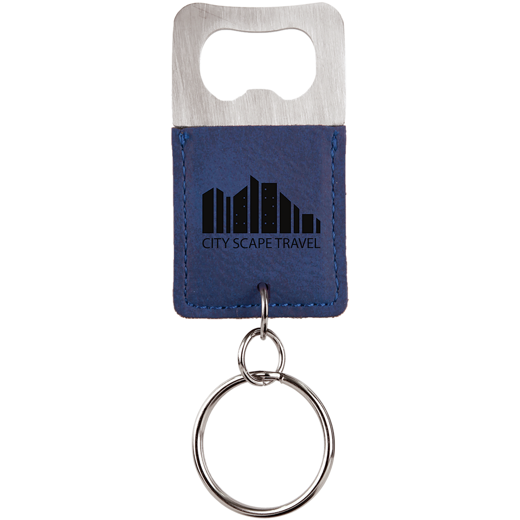 Blue Leatherette Rectangle Bottle Opener Keychain