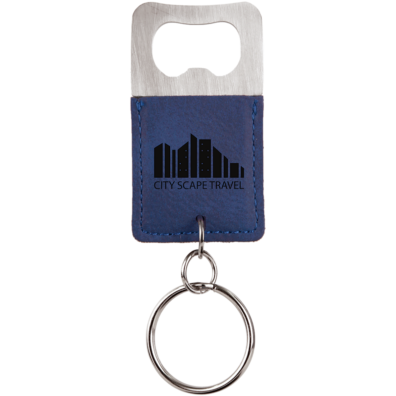Blue Leatherette Rectangle Bottle Opener Keychain