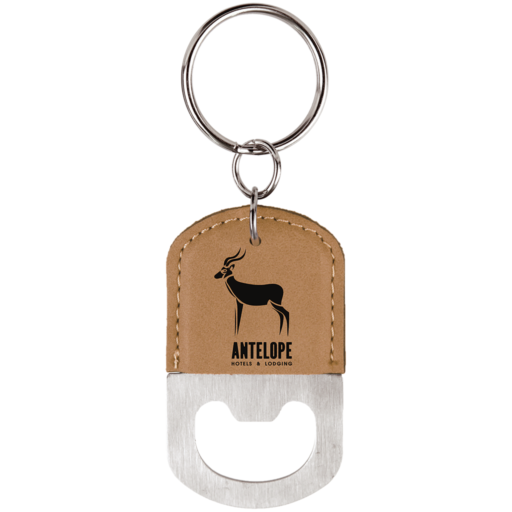 Light Brown Leatherette Oval Bottle Opener Keychain