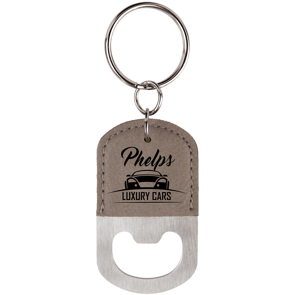 Gray Leatherette Oval Bottle Opener Keychain