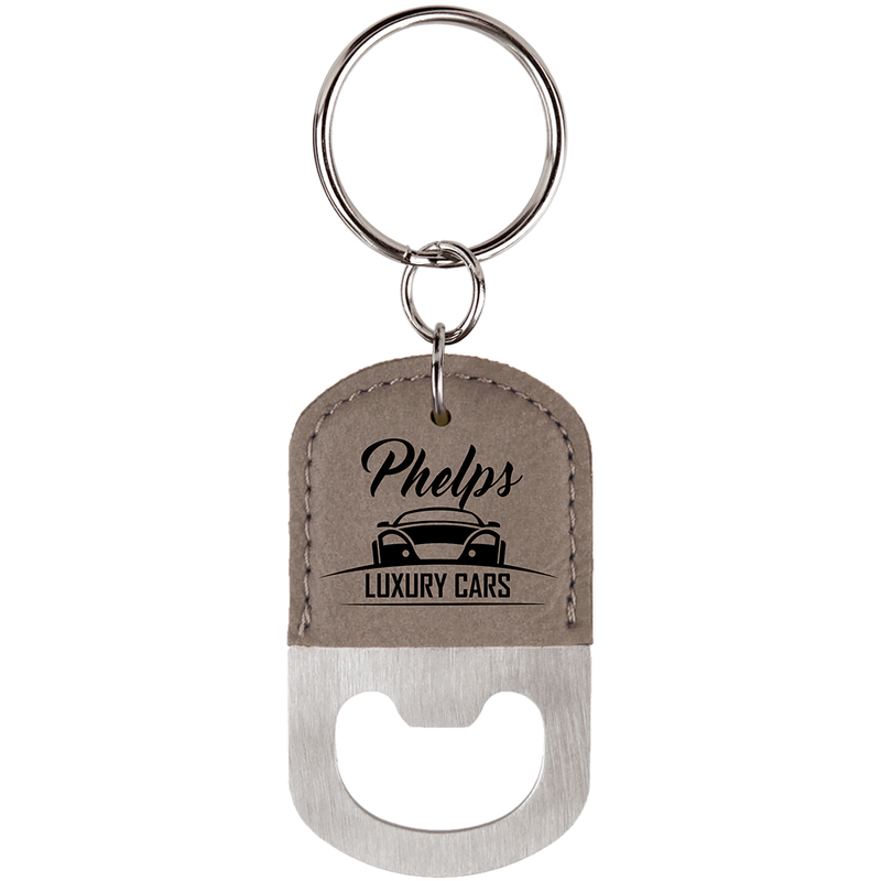 Gray Leatherette Oval Bottle Opener Keychain