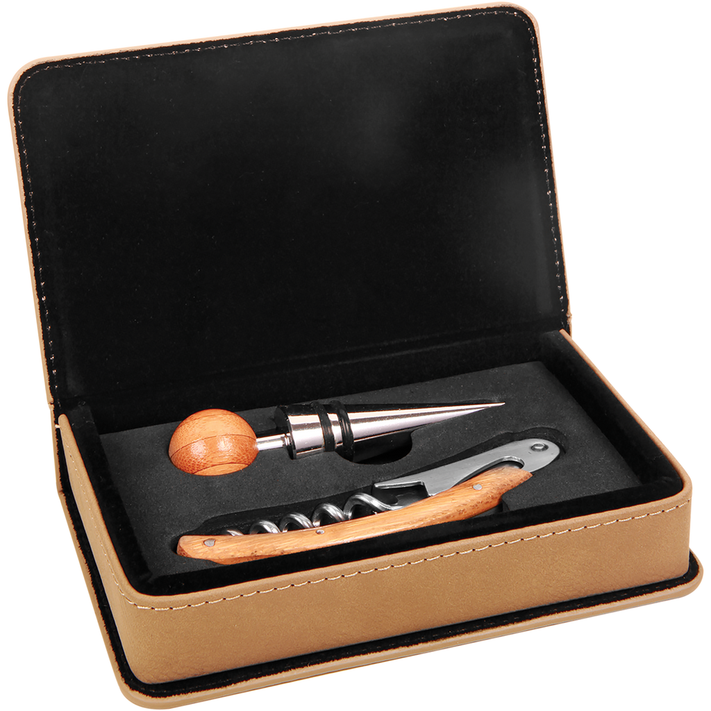 Light Brown Leatherette 2-Piece Wine Tool Set