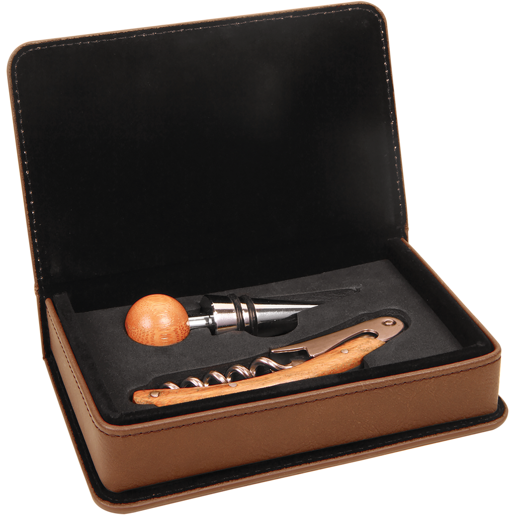 Dark Brown Leatherette 2-Piece Wine Tool Set