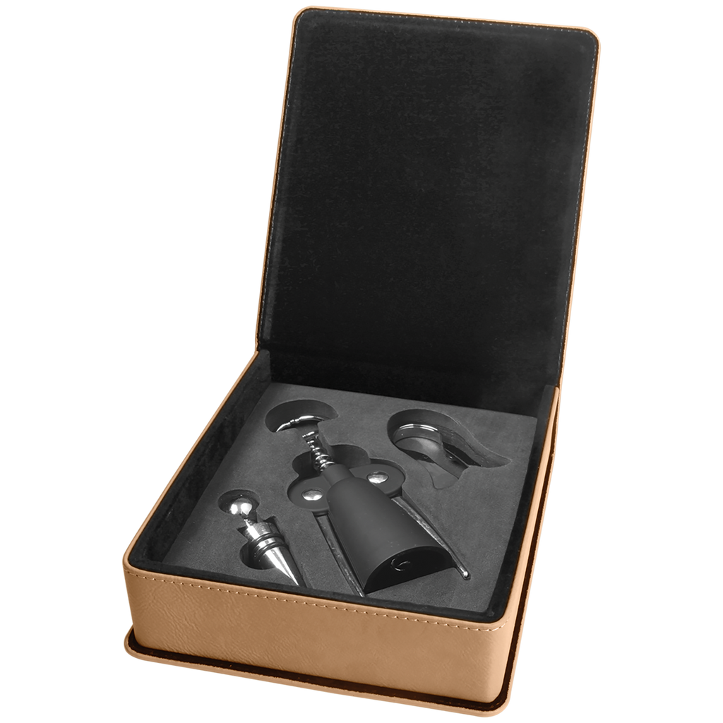 Light Brown Leatherette 3-Piece Wine Tool Set