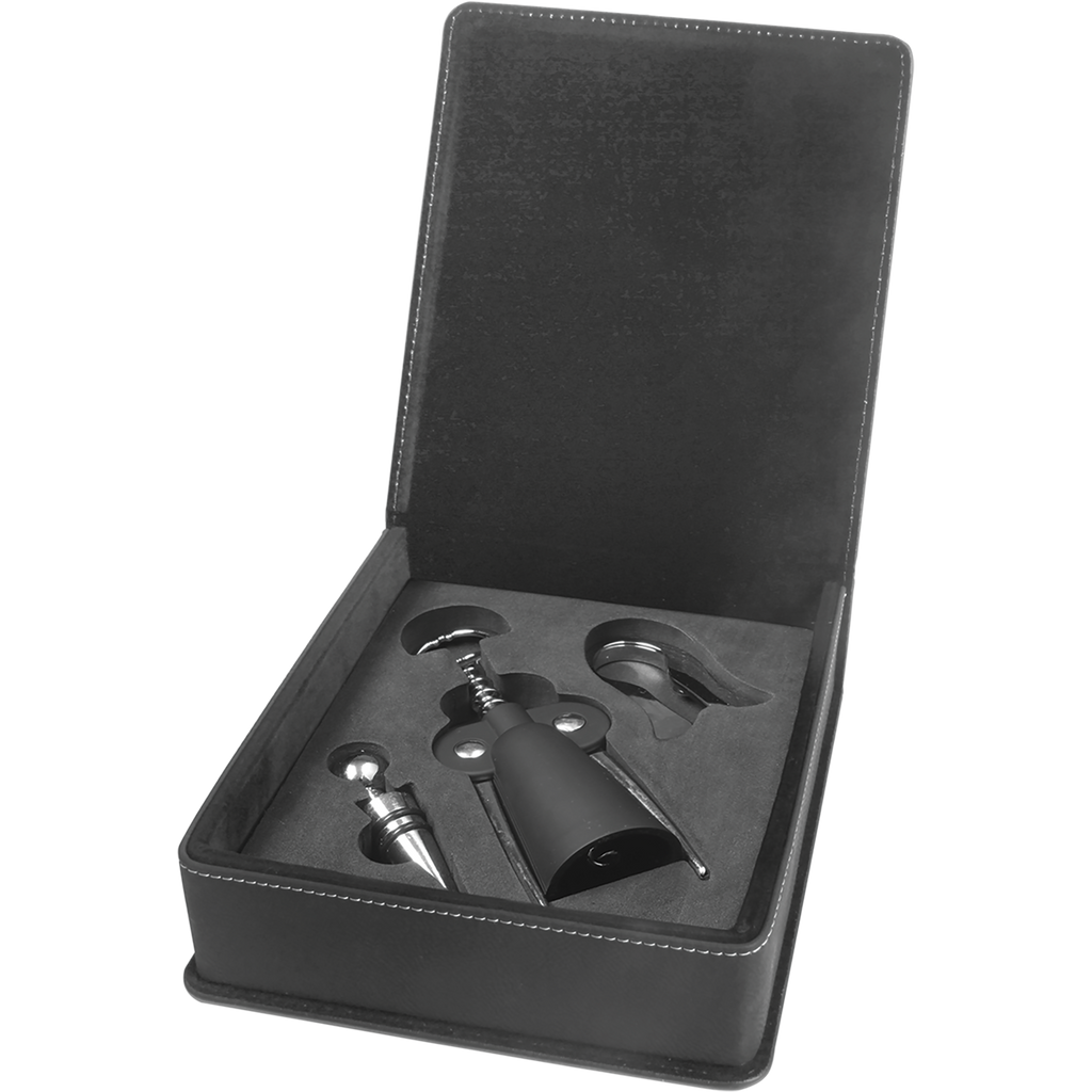 Black & Gold Leatherette 3-Piece Wine Tool Set
