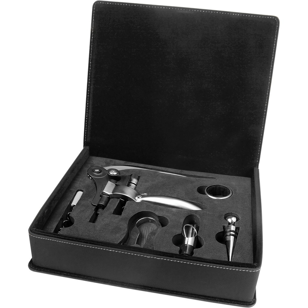 Black & Silver Leatherette 5-Piece Wine Tool Set