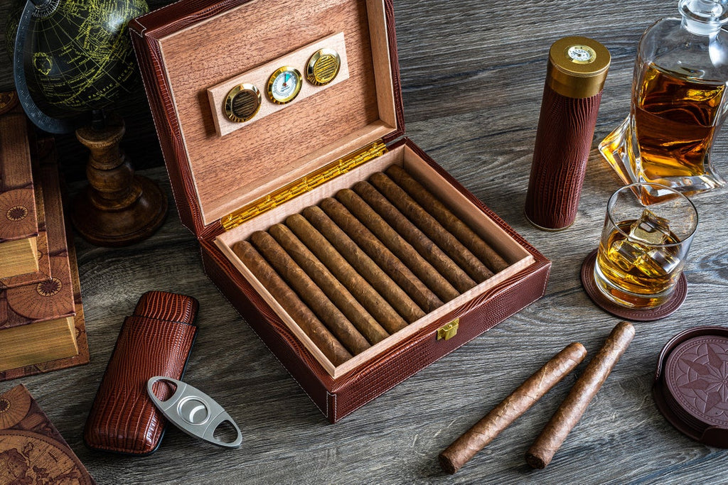 Personalized leather humidor box gift set with matching accessories
