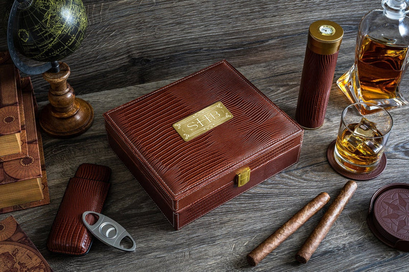Personalized leather humidor box gift set with matching accessories