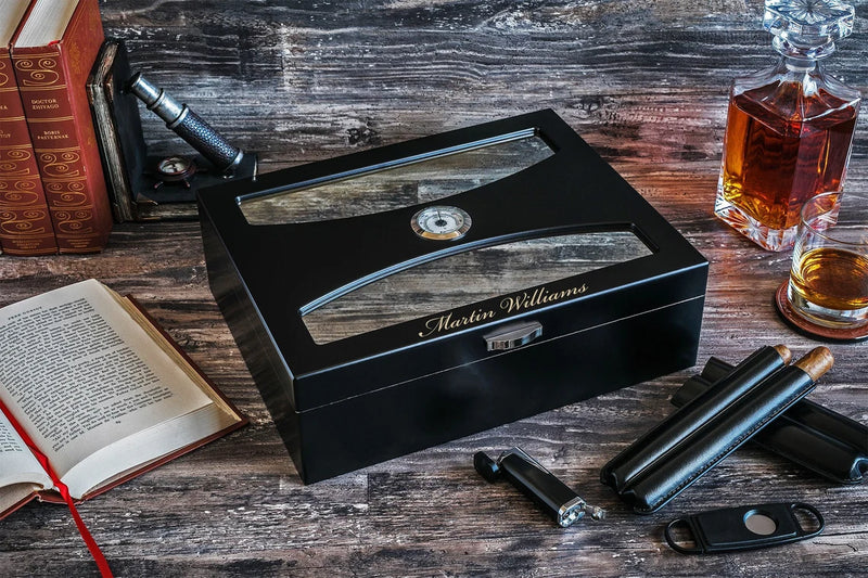 Mirror glass top cigar humidor box - comes with accessories