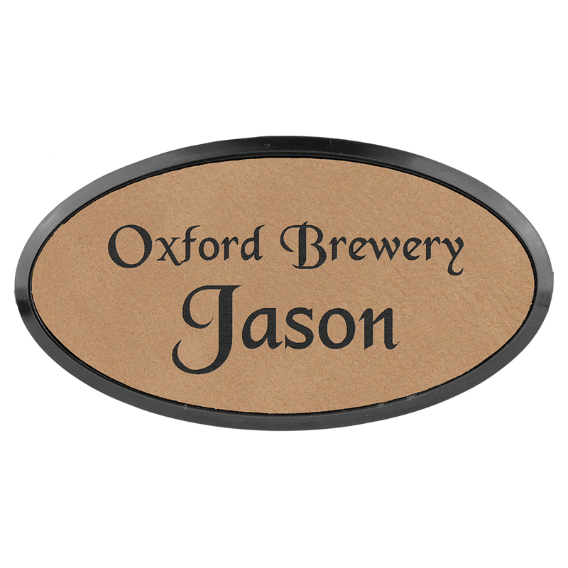 Light Brown Leatherette Oval Name Badge with Plastic Frame