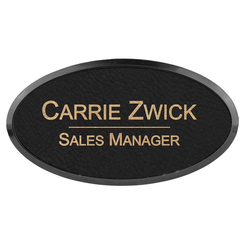 Black & Gold Leatherette Oval Name Badge with Plastic Frame