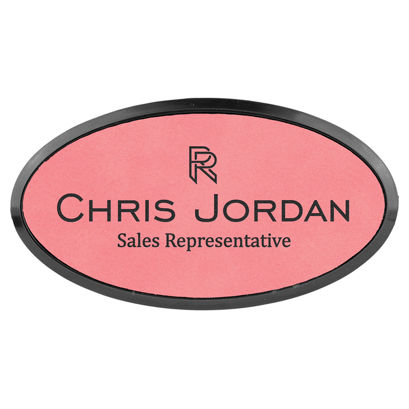 Pink Leatherette Oval Name Badge with Plastic Frame