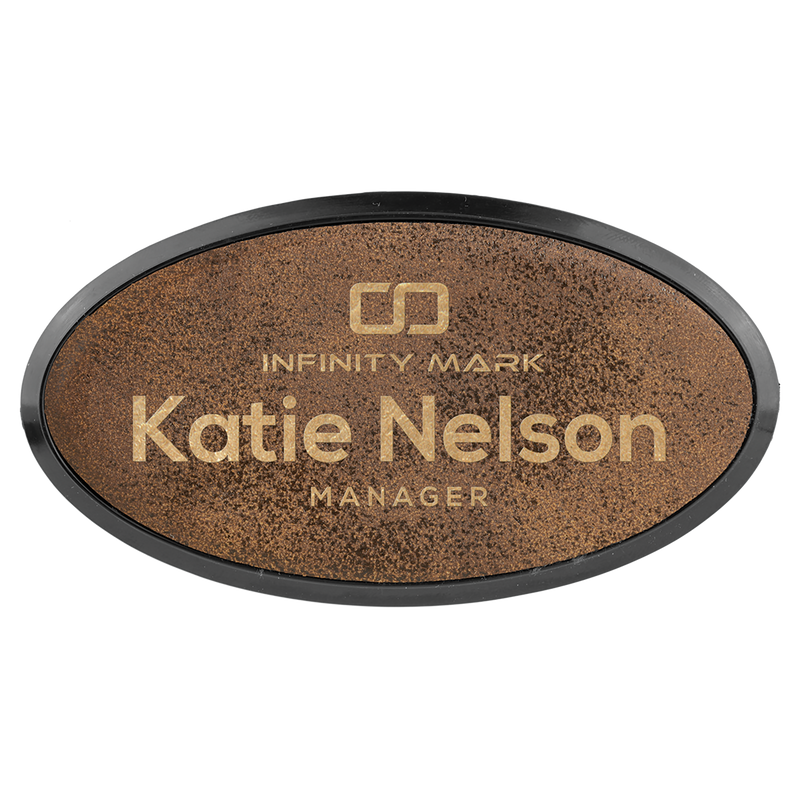 Rustic & Gold Leatherette Oval Name Badge with Plastic Frame